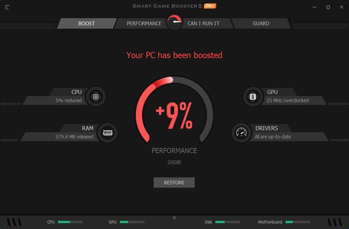 Interfaz principal de Smart Game Booster Pro mostrando las opciones de optimización de juegos